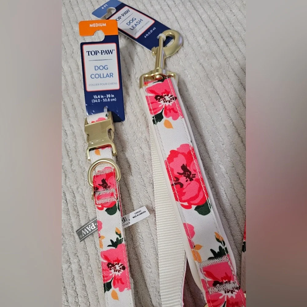 Top Paw White/Pink Floral Collar & Leash Set (M)